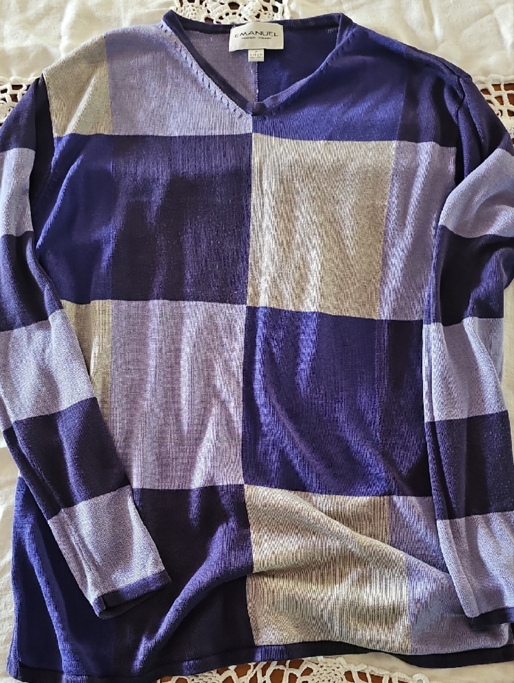Emanuel Ungaro Men's V-Neck Checkerboard Sweater - Dark Purple & Light Lavender - Picture 9 of 10